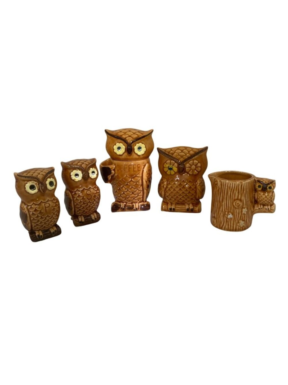 Vintage Owl Kitchen Set - Coffee Canister Creamer Salt & Pepper Napkin Holder